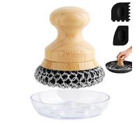 Beeptrum Cast Iron Scrubber and Scraper,Chain Mail Cleaner with Bamboo Handle & Draining Tray,316 Stainless Steel Brush for Cleaning Pots,Pans,Wok,Bakeware,Griddles, Grills,Dishes (Large Chain Mail)