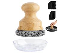 Beeptrum Cast Iron Scrubber and Scraper,Chain Mail Cleaner with Bamboo Handle & Draining Tray,316 Stainless Steel Brush for Cleaning Pots,Pans,Wok,Bakeware,Griddles, Grills,Dishes (Small Chain Mail)