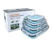 Beeptrum Collapsible Silicone Food Storage Container with Lid, Portable Lunch Bento Box Outdoor Picnic Box Space Saving, Microwave, Dishwasher and Freezer Safe, Set of 4(Blue & Grey) …