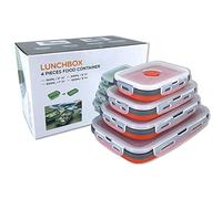 Beeptrum Collapsible Silicone Food Storage Container with Lid, Portable Lunch Bento Box Outdoor Picnic Box Space Saving, Microwave, Dishwasher and Freezer Safe, Set of 4(Red)