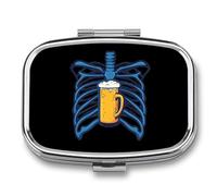 Beer and Bones Funny Square Pill Organizer Travel Pharmacy Box Portable Medicine Case with 2 Compartments