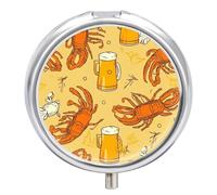 Beer and Crawfish Pattern Metal Pill Organizer, 3 Compartment Waterproof Pill Case with Mirror for Purse Pocket Bag, Daily Medicine Vitamin Holder, Portable Travel Med Container(Round)