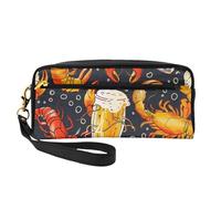 Beer and Crawfish Pattern Printed Leather Makeup Bags with Wrist Strap Portable Travel Toiletry Bag Cosmetic Organizer Bag for Women
