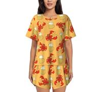 Beer And Crawfish Pattern Women'S Short-Sleeved Pajama Round Neck Casual Loose Prints Summer Shorts Set Black