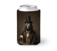 Beer Can Cooler Sleeve,Bear in Top Hat Cravat at Dark Wooden Bar Can Cover Beer Cooler Soft Insulated Beverage Holder for Party Beach Event Home