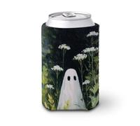 Beer Can Cooler Sleeve,Cute Garden Ghost White Flowers Green Leaf Can Cover Beer Cooler Soft Insulated Beverage Holder for Party Beach Event Home