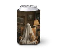 Beer Can Cooler Sleeve,Cute Ghost Cat in an Armchair Can Cover Beer Cooler Soft Insulated Beverage Holder for Party Beach Event Home