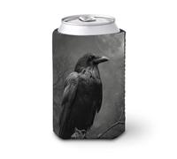 Beer Can Cooler Sleeve,Dark Mysterious Raven on Dead Tree Can Cover Beer Cooler Soft Insulated Beverage Holder for Party Beach Event Home