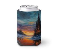 Beer Can Cooler Sleeve,Evening Winter Landscape Glowing Lights Trees Can Cover Beer Cooler Soft Insulated Beverage Holder for Party Beach Event Home