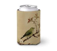 Beer Can Cooler Sleeve,Green Bird on The Branch of Ancient Tree Can Cover Beer Cooler Soft Insulated Beverage Holder for Party Beach Event Home