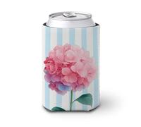 Beer Can Cooler Sleeve,Pink Hydrangea Flower Vertical Light Blue Stripes Can Cover Beer Cooler Soft Insulated Beverage Holder for Party Beach Event Home
