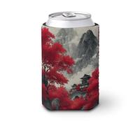 Beer Can Cooler Sleeve,Traditional Japanese Art Red Maple Trees Mountains Can Cover Beer Cooler Soft Insulated Beverage Holder for Party Beach Event Home