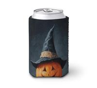 Beer Can Cooler Sleeve,Vintage Halloween Pumpkin Lantern Witches Hat Can Cover Beer Cooler Soft Insulated Beverage Holder for Party Beach Event Home