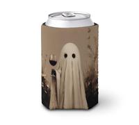 Beer Can Cooler Sleeve,White Sheet Ghost with Glass of Red Wine Can Cover Beer Cooler Soft Insulated Beverage Holder for Party Beach Event Home