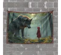 Beer Decorations For Man Cave Little Red Riding Hood Confronts The Wolf In Enchanted Forest Tapestry Tapestry For Bedroom Sports Bar Decor(100X150CM)