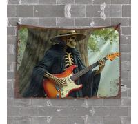 Beer Decorations For Man Cave Skeleton Guitarist In Hat Playing Electric Guitar Under Tree Tapestry Funny Tapestry Garage Decor For Men(100X150CM)
