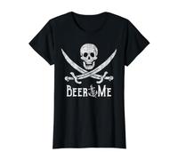 Beer Me Adult Humor Pirate Skull Distressed Funny Drinking Value Graphic T-Shirt