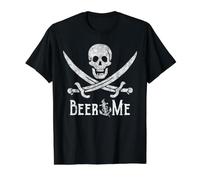 Beer Me Adult Humor Pirate Skull Distressed Funny Drinking Value Graphic T-Shirt