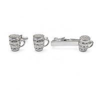 Beer Mug Cufflinks and Tie Bar Set for Men - Onyx Art TBC09 Silver-Tone Pint Glass Cuff Links and Tie Clip, Gift for Beer Lovers