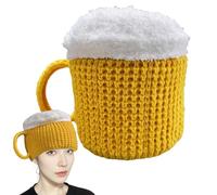 Beer Mug Hat, Beer Cup Beanie, Funny Knitted Hat, Color Red, Yellow Elastic Soft Design, Warm Winter Headwear for Parties, Festivals, and Cold Weather
