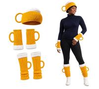 Beer Mug Socks Costume Set, 4-Piece 3D Knit Hat, Gloves, Leg Warmers | Soft Knit ,4-Piece Beer Mug Costume Set ,With 3D Foam Cuffs ,Stein Shape for Men, Women,Handles for Parties, Holiday Gifting