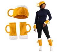 Beer Mug Socks Costume Set, 4-Piece 3D Knit Hat, Gloves, Leg Warmers | Soft Knit ,4-Piece Beer Mug Costume Set ,With 3D Foam Cuffs ,Stein Shape for Men, Women,Handles for Parties, Holiday Gifting