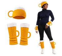 Beer Mug Socks Costume Set, 4-Piece 3D Knit Hat, Gloves, Leg Warmers | Soft Knit ,4-Piece Beer Mug Costume Set ,With 3D Foam Cuffs ,Stein Shape for Men, Women,Handles for Parties, Holiday Gifting