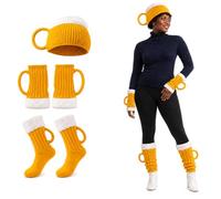 Beer Mug Socks Costume Set, 4-Piece 3D Knit Hat, Gloves, Leg Warmers | Soft Knit ,4-Piece Beer Mug Costume Set ,With 3D Foam Cuffs ,Stein Shape for Men, Women,Handles for Parties, Holiday Gifting