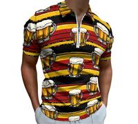 Beer Mugs German Flag Casual Zipper Polo Shirts for Men Short Sleeve Golf Collared Light Fit Tee 2XL