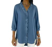 BeerMmay 2026 Women's Casual Denim V-Neck Ruffled Shirt Blouse Collared 3/4 Sleeve Ruffled Edge Loose Fit Jean Tops (Blue,S)
