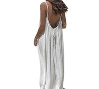 BeerMmay Backless Cami Dress, Womens Summer Casual Sleeveless Maxi Dress for Beach, Spaghetti Strap Long Sundress with Back Tie (White,XXL)