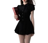 BeerMmay Ladies' summer casual dress, y2k college style bubble sleeves sweet solid color button up waist short skirt, high waist pleated dress