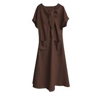 BeerMmay Linen Dresses for Women Solid Color Loose Fit Roll Up Short Sleeve V Neck Button Down A-Line Midi Maxi Gauze with Pockets (Coffee,3XL)