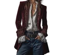 BeerMmay Vintage Navy Polyester Velvet Embroidered Long Jacket, Embroidery V-Neck Retro Boho Coat, Renaissance Costume (Wine red,XL)