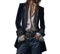 BeerMmay Vintage Navy Polyester Velvet Embroidered Long Jacket, Embroidery V-Neck Retro Boho Coat, Renaissance Costume (Navy Blue,3XL)