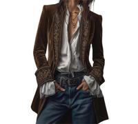 BeerMmay Vintage Navy Polyester Velvet Embroidered Long Jacket, Embroidery V-Neck Retro Boho Coat, Renaissance Costume (Camel,S)