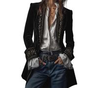 BeerMmay Vintage Navy Polyester Velvet Embroidered Long Jacket, Embroidery V-Neck Retro Boho Coat, Renaissance Costume (Black,3XL)