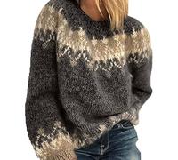 BeerMmay Women's Fall/Winter Round Neck Casual Loose Mohair Coarse Knit Jacquard Women's Sweater Black
