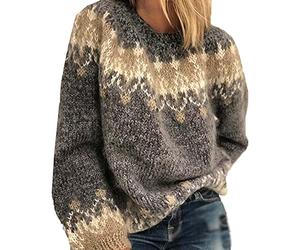 BeerMmay Women's Fall/Winter Round Neck Casual Loose Mohair Coarse Knit Jacquard Women's Sweater Grey, XXL