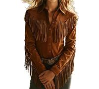 BeerMmay Womens Fringe Imitation Suede Western Cowgirl Shirts, Vintage Long Sleeve Button Down Slim Fit Retro Rodeo Tops Jacket (Brown,S)