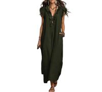 BeerMmay Women's Solid Color Ruffled Art Casual Fashion Cozy Polyester Blend Dress V-Neck Long Sleeve Knee Length Shift Daily Dress (Olive Green,XL)