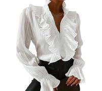 BeerMmay Women's Vintage Long Sleeve Blouse, Ruffle Neck Button Down Lace Trim Elegant Work Office Stand-Up Collar Victoria Tops (White,M)