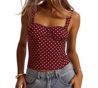 BeerMmay Y2K Polka Dot Cropped Corset Top for Women, Sleeveless Square Neck Lace Trim Lace Up Boned Bustier, Slim Fit Vintage Grunge (Wine Red,L)