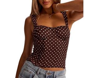 BeerMmay Y2K Polka Dot Cropped Corset Top for Women, Sleeveless Square Neck Lace Trim Lace Up Boned Bustier, Slim Fit Vintage Grunge (Coffee white dots,L)