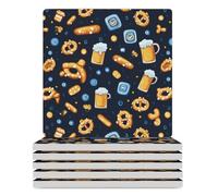 Beers Hot Dogs German Pattern Square Ceramic Coasters for Drinks Cork Base Art Coasters Gift for Housewarming Home Bar Decor 6PCS