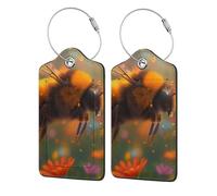 Bees and Daisies in The Sunshine Stainless Steel Ring Leather Luggage Tags for Suitcases 2 Pcs
