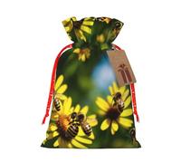 (Bees and Flower) Drawstring Gift Bags for Birthday Party Christmas Reusable Holiday Wrap Bags Medium Size