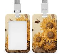 Bees and Sunflowers on Old Paper ID Badge Holder with Lanyard Vertical Badge Reel Clip Durable Clear Window Name Tag ABS Plastic Push-Pull Design ID Card Holder for Office, Nurses, Employees