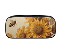 Bees And Sunflowers on Old Paper Pencil Case Waterproof Leather Pencil Pouch Multi-purpose Aesthetic Makeup Bag Cute Pen Bag Large Cosmetic Bag for Office Stationery, Travel