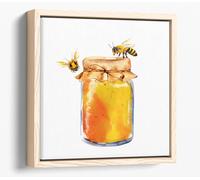 Bees around a honey jar, watercolour painting Canvas Floater Frame Square Print Picture Art - Light Oak Frame 24 inch wide x 24 inch high